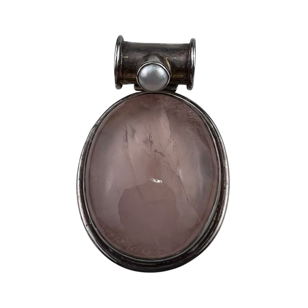 Oval Rose Quartz & Real Pearl Sterling Silver Pendant 1-3/4"